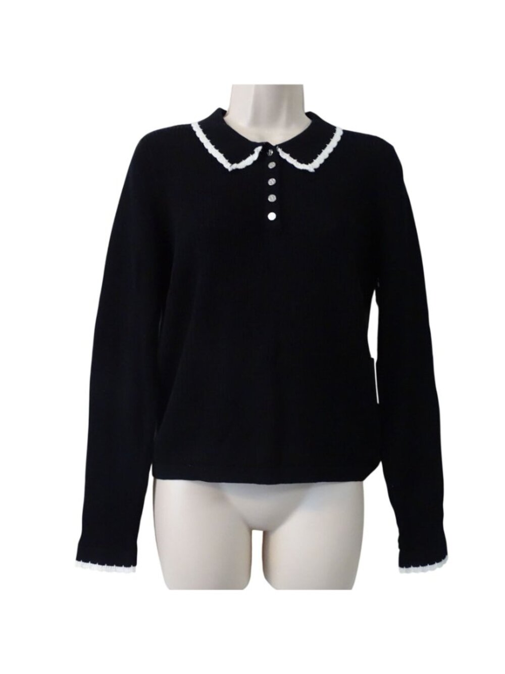 CeCe Black Pullover Knit Sweater Peter Pan Collar Long Sleeve Women Size S NEW - Picture 2 of 15